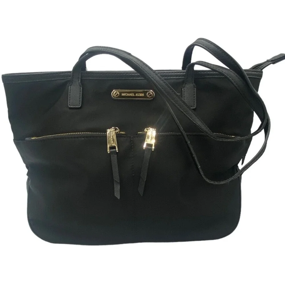 Michael Kors Kempton Medium Pocket Tote‎ Bag black leather nylon zip gold